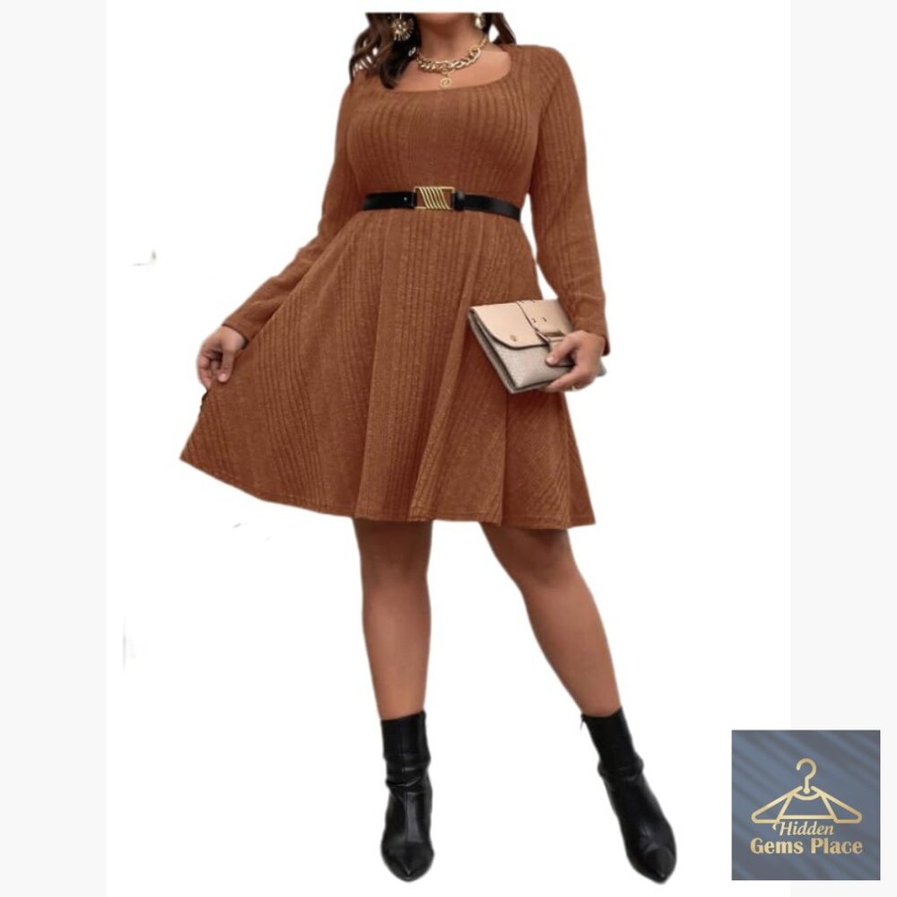 Plus Size Rib-Knit Sweater Dress Square Neck Casual Pullover - Picture 2 of 3